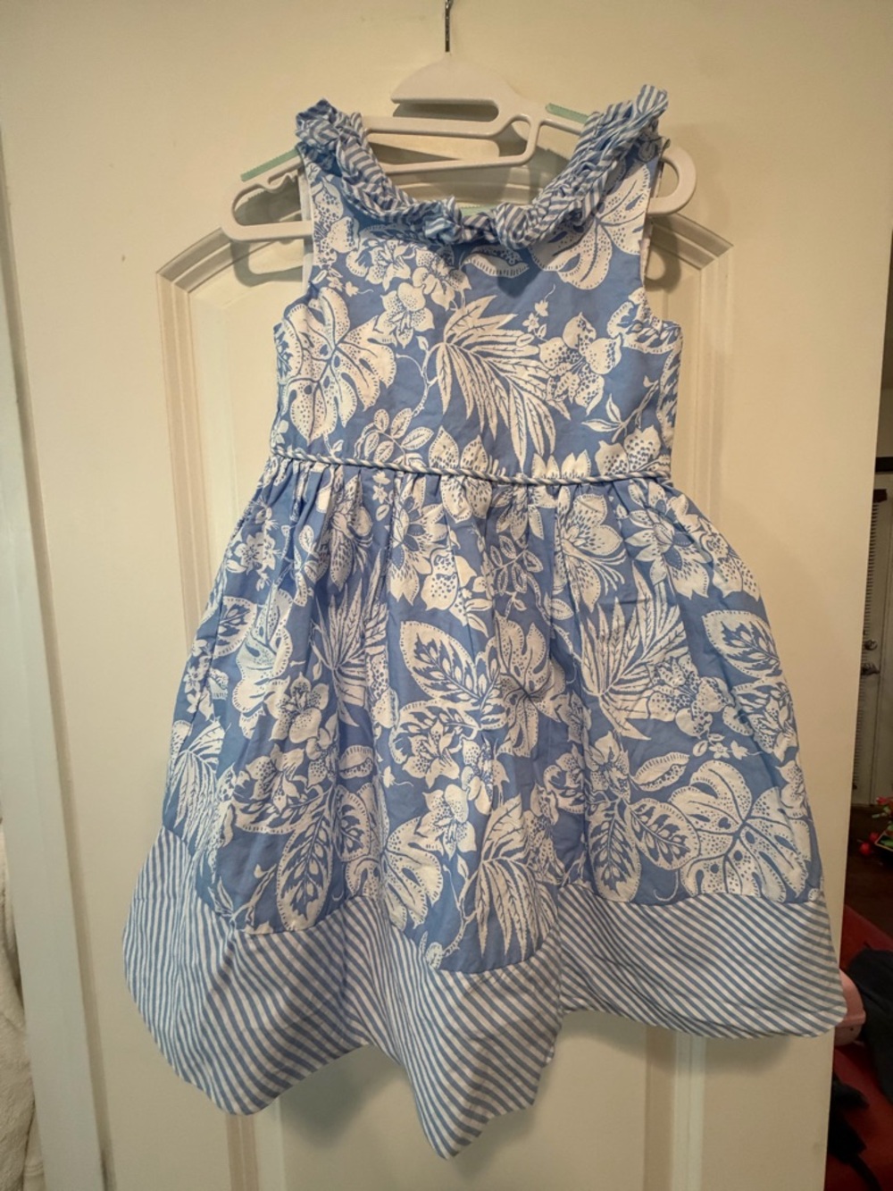 Savannah Blue and White Floral Ruffle Neck Party Dress - 4t — 041026